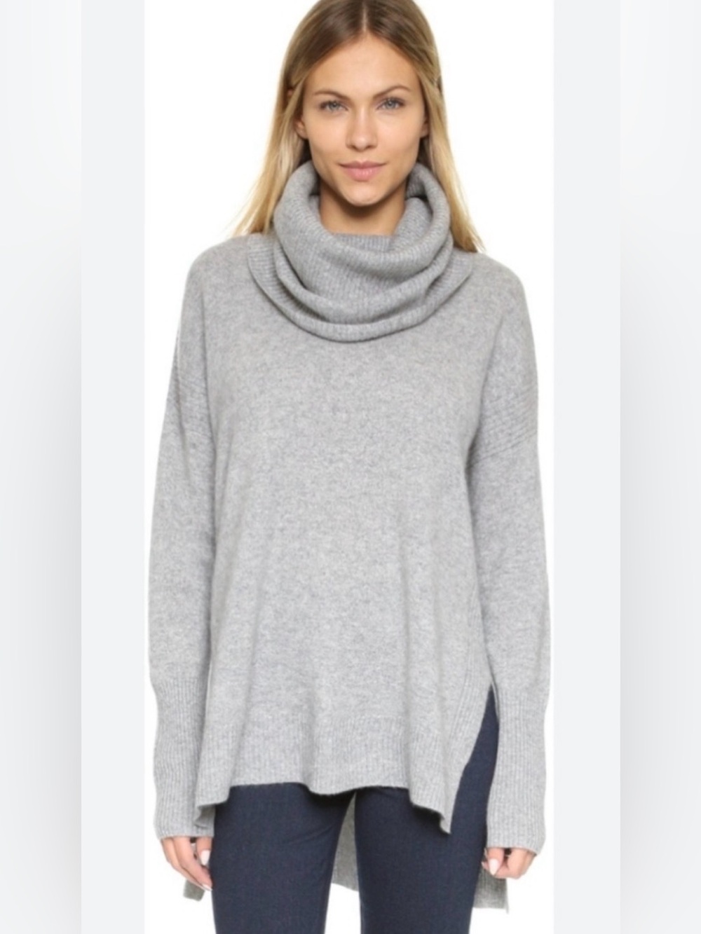 Diane Von Furstenberg Light Grey Ribbed Cowl Neck Cashmere Sweater